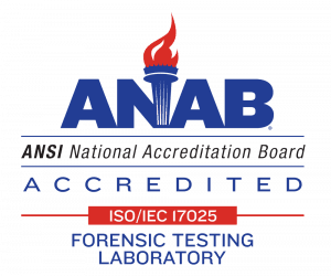 Logo of the ansi national accreditation board (anab) indicating iso/iec 17025 accreditation for a forensic testing laboratory.