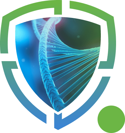 A stylized graphic of a dna helix within a shield, symbolizing protection or security in biotechnology or genetic research.