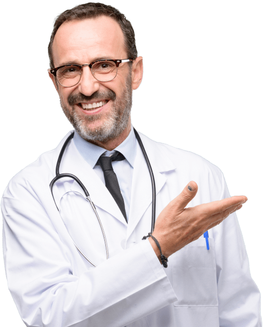 Smiling male doctor in lab coat with stethoscope presenting something with an open hand gesture.