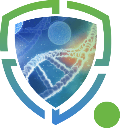 Graphic representation of dna within a shield, symbolizing protection or genetic security.