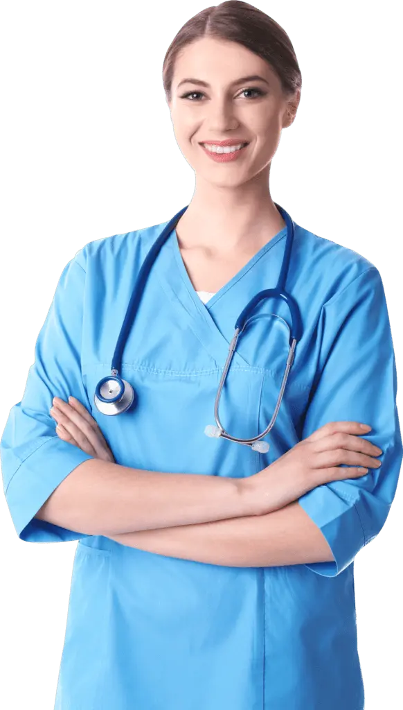 A smiling healthcare professional in blue scrubs with a stethoscope around her neck.