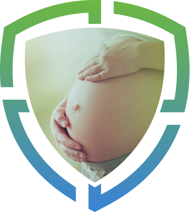 Close-up of a pregnant person cradling their belly, enclosed in a stylized shield graphic.